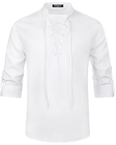 Enlision Mens Linen Shirts Retro Lace up Medieval Costume Shirts Long Sleeve for Halloween Cosplay Viking Pirate Renaissance White XL