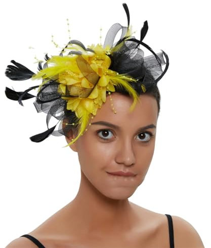 Damen-Kopfschmuck, Fascinator, Bankett, Feder-Kopfschmuck, Hochzeit, Party, Braut-Tiara, gelb / schwarz, 1 count (Pack of 1)
