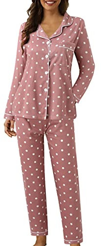 Generic Girocollo Maniche Pigiama Due Pezzi Donna Lunghe con Risvolto Casual con Bottoni E Stampa Scollo Rotondo Notte da Donna Colore Imitazione di Cotone, Pigiama, A Maniche Lunghe (Pink, XXL)