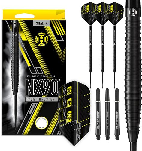 Harrows NX90 Black Edition Darts-Set mit 90% Wolframstahlspitze, 21 g, 22 g, 23 g, 24 g, 25 g und 26 g – inklusive schwarzen Supergrip-Midi-Schäften und Micron-NX90-Flights (25 Grams)