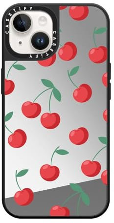 CASETiFY Mirror iPhone 14 Case [Reflective / 4.9ft Drop Protection/Compatible with Magsafe] - Cherries - Silver On Black