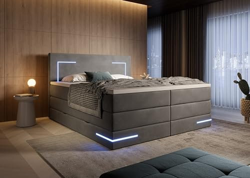 wonello Detroit Boxspringbett 160x200 mit Bettkasten und LED-Beleuchtung - gemütliches Bett mit LED - Stauraumbett 160 x 200 cm mit Matratze und Topper - Samt-Stoff anthrazit - H2/H3