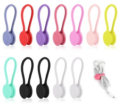 12 Magnetic Cable Ties, Multi-Color MagneticCord Ties, Reusable Silicone Magnetic CordTies, Soft Magnetics Clips Cord Straps, Silicone Straps Cable Ties for Organising USB, Headphone