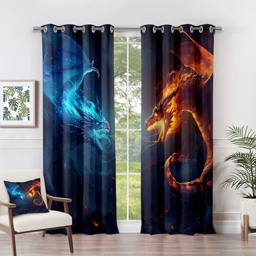 Vorhänge Drachen - EIS Feuer Fantastische Spiele Fenster Gardinen mit Ösen, Vorhang Blickdicht Verdunklungsvorhänge Thermovorhang für Wohnzimmer Schlafzimmer 2er Set, H 137 x B 117 cm F#-255