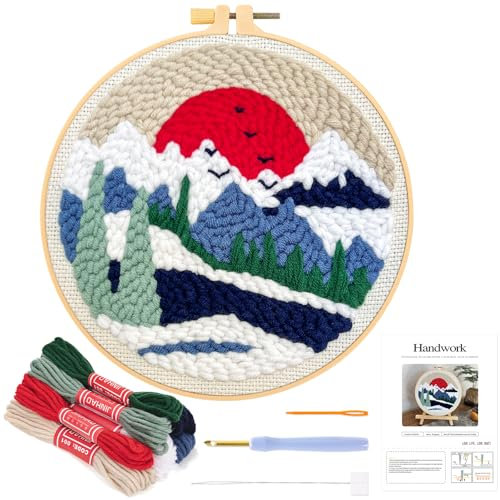 JSRQT Stanznadel Stickerei Starter Kit für Anfänger Erwachsene Kit Punch Needle Debutant Berg Sonnenaufgang DIY Kit Broderie Debutant Embroidery Starter Kit Basteln Geschenk mit Instruction