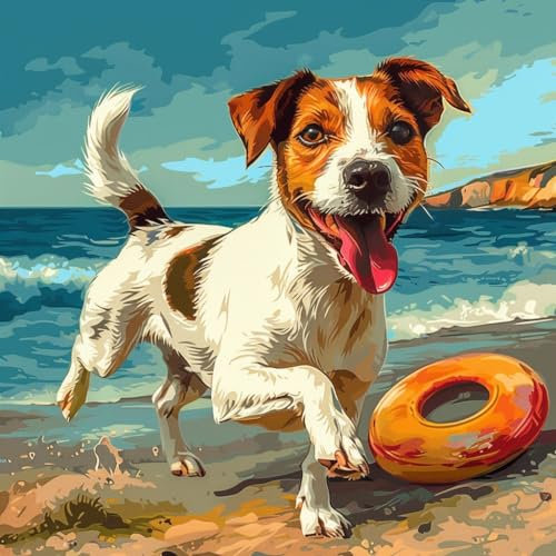 KANGBAWA Paint by Number for Adults Beginner Canvas Happy Dog ​​Jack Russell Terrier (5) Painting by Numbers Kits with 3 Brushes and Acrylic Paint(16X20 Inch)