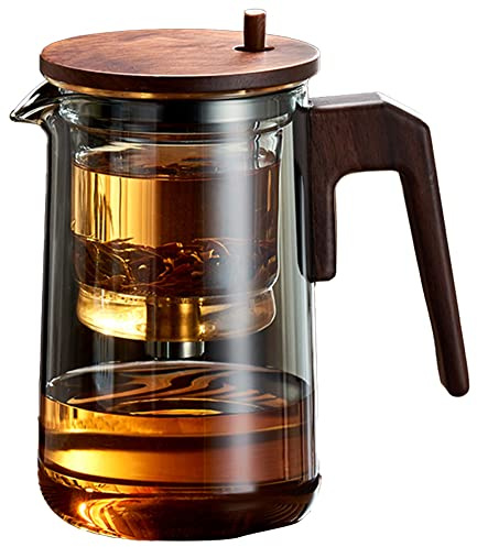Dsdhuf 1 PCS Théière en Verre avec Manche en Bois en Verre Filtrante à Un Bouton Résistante à la Chaleur 750 ML