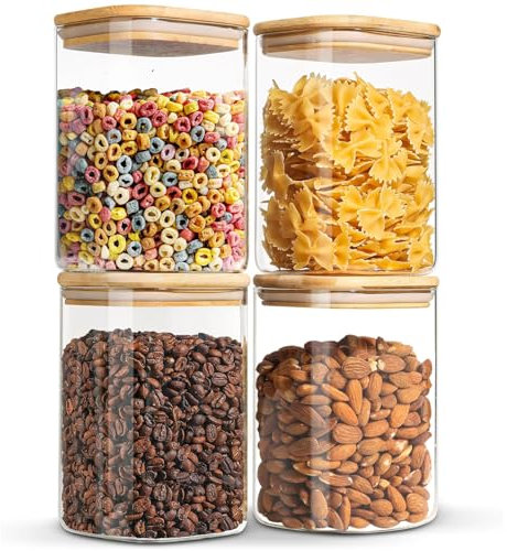 BUOAZR Vorratsdosen Glas 4er Set, 1100ML Luftdicht Vorratsgläser mit Deckl Eckig, Glasbehälter, Küche Vorratsbehälter, Aufbewahrungsbox Küche für Spaghetti, Müsli, Pasta, Mehl, Zucker