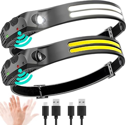 RETZLA 2 Pack LED Headlamp Rechargeable - 230° COB Super Bright Head Lights | Hard hat Light for Adults, USB C Headband Flashlight for Work, Hunting, Running, Camping Essentials Gear