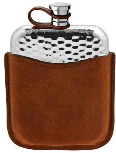 English Pewter Company 6oz Hammered Effect Hip Flask with Brown Leather Pouch and Flexi Cap [LPLF03]