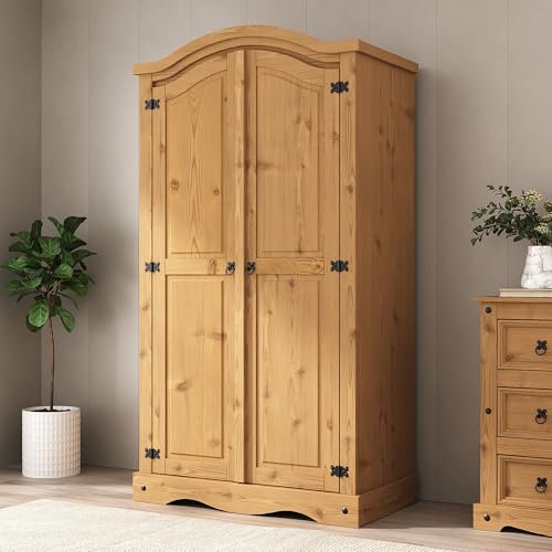 Corona 2 Door Wardrobe Solid Pine Wood Arched Top with Hanging Rail and Shelf