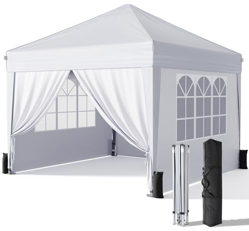 Driftalia 10x10 Pop Up Canopy with Sidewalls, Outdoor Instant Canopy Tent with Carry Bag for Commercial Events, Camping, Backyard Parties - White