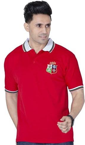 Lions Rugby Jersey, Short Sleeve Sports T-Shirt, Button Down Collar, S-XXL (L, Red England)