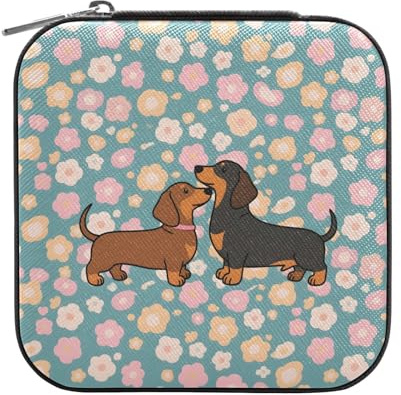 OWFKAY Schmuckschatulle für Damen, PU-Leder, Schmuckhalter, kleiner Schmuck-Organizer für Mädchen, Ehefrau, Mutter, Dackel, rosa Rosenmuster