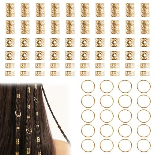 KOLZEMV 80 Stück Dreadlocks Schmuck Haarspiralen Clips, Verstellbar Metall Cuffs Haar Flecht Ringe, Perlen Haarschmuck Braids Haar Dreadlocks Zubehör Für Frauen Männer Zöpfe Dekoration(Gold)