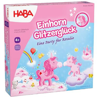 HABA Einhorn Glitzerglück – Eine Party für Rosalie – Kooperatives Lauf- und Sammelspiel für 2-4 Spieler ab 4 Jahren – Brettspiel, Kinderspielzeug - 2012228001