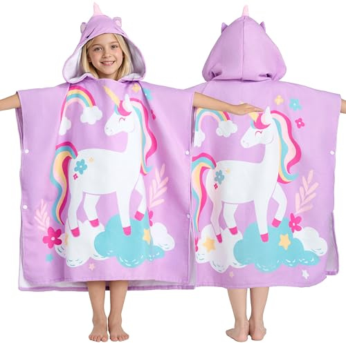Joiedomi 30* 30 Badeponcho Badetuch für Kinder,Lila Einhorn-Mikrofaser-Kapuzenhandtuch-Poncho für Strand, Pool, Bad, schnelltrocknend