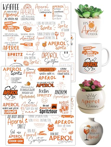 Rub On Sticker 4 Blatt A5 Aperol Transfer Aufkleber Wasserfest | Frecher Spruch personalisiert Deko für Glas Fotoalbum Gips.