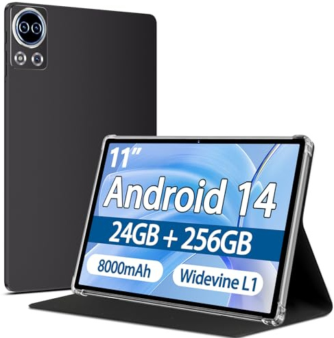 Tablet 11 Pollici Android 14 con 24GB RAM +256GB ROM (Espandibile Fino a 1 TB), Face ID, Widevine L1, Octa-Core 2.0 GHz, 5G Wi-Fi, GPS, 8000mAh, HD 1280 x 800 Incell IPS, Tablet con Custodia, Grigio