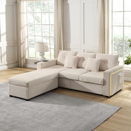 A ALFRESCOOL Sofa L Form mit Schlaffunktion, Ecksofa mit Schlaffunktion, Sofa 3 Sitzer, übergroßer Abnehmbarer Ottoman, Hochbelastbares Modulares Wohnzimmermöbel in L-Form (Beige)