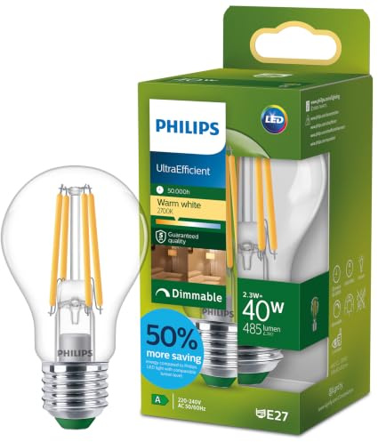 Philips LED UltraEfficient Clear A60 Glühfadenlampe, E27 Edison-Schraube, Energieklasse A, 485 lm, 40 W Äquivalent, Warmweiß (2700 K), dimmbar, EyeComfort, 50.000 Stunden, 1 Packung