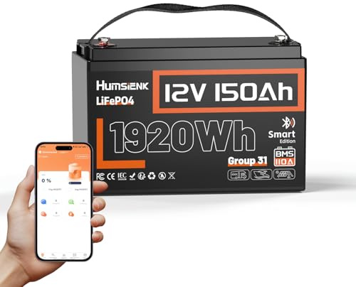 HumsiENK Batterie Lithium LiFePO4 12V 150Ah Con Bluetooth, 1920Wh avec BMS Intelligent 110A, 15000 Cycles Profonds, 10 Ans de Durée de Vie, pour Camping-Car, Énergie Solaire, Hors Réseau, Moteur