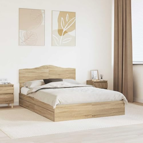 Mandloder Sonoma-Eiche Stauraumbett, 140x200 cm, Holzwerkstoff, modern, robust, mit Schubladen, Doppelbettrahmen für Schlafzimmer