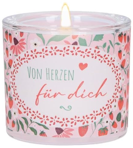 „Von Herzen für dich Glas-Windlicht mit Erdbeermotiv in Rosa: Teelichthalter mundgeblasen inkl. Teelicht und Geschenkverpackung, im Format 6 x 6,5 cm. Ideal als kleines Geschenk