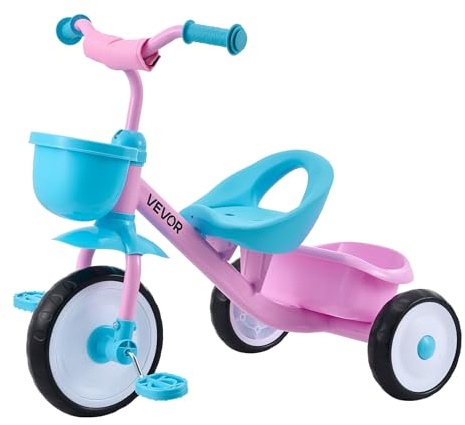 VEVOR Toddler Tricycle for 2-5 Year Old, Kids Trike with Adjustable Seat, Storage Basket, Carbon Steel Frame, Handlebar Grips for Outdoor Play, Tricycle for Toddlers, Birthday Toy for Boys and Girls