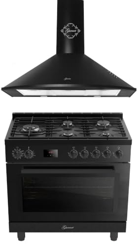 Gurari Küchen Set Gasherd mit Dunstabzugshaube 90 cm Schwarz GCH E 818 BL+GCH C 046 BL 9 N Gas Standherd 90 cm, Elektro Backofen 126 L, Hydro Clean, 4 Kw WOK, Air Fry, Drehspieß + Abzugshaube 1000m³/h