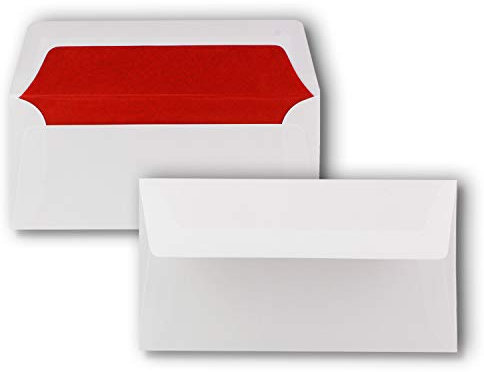 25 Briefumschläge Weiß - DIN Lang - gefüttert mit rotem Seidenpapier - 22 x 11 cm - Nassklebung, gerade Klappe - Ideal für Einladungen und Grüße zu Geburtstag und Weihnachten