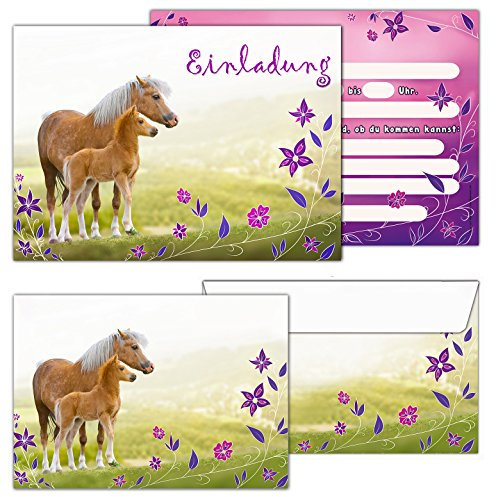 Sophies Kartenwelt 12 Pferde Einladungskarten mit Umschlägen/Geburtstagseinladungen Mädchen Kinder/Einladungen Einhorn Blumen Pferdeparty