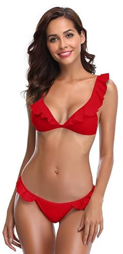 SHEKINI Costume da Bagno Donna Sexy V Profonda Bikini Imbottito Swimsuit Halter Brasiliano Cute Beachwear Ruffles Flounce Regolabile Costumi da Bagno Due Pezzi Mare e Piscina (X-Large, Rosso)