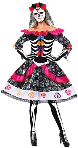 Spooktacular Creations Damen Tag der Toten Kostüm, mit Kleid, Rosenschleier, Maske, Skeleton lange Handschuhe, Schädel Legging für Halloween Damen Dress Up Party, Tag der Toten