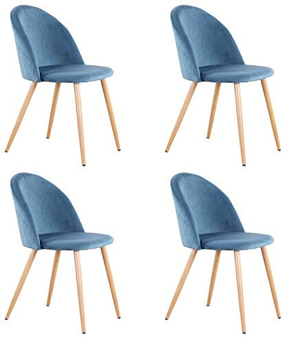 BenyLed Lot de 4 Chaises de Salle à Manger Rembourrées avec Dossier en Velours Doux et Pieds Réglables en Métal Style Bois (Bleu)