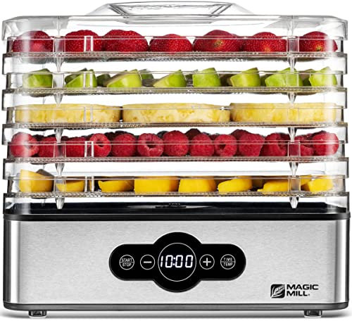 Magic Mill Food Dehydrator Machine | 5 Stackable Stainless Steel Trays Jerky Dryer with Digital Adjustable Timer and Temperature Control - Electric Food Preserver Machine