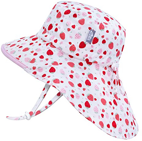 Jan & Jul Verstellbarer Neugeborenen Sonnenhut mit breiter Krempe für Mädchen Vollschutz (S: 0-6 Monate, Erdbeere)