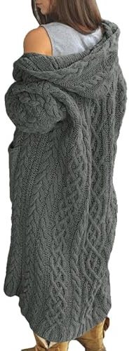 NIUBIA Womens Casual Long Sleeve Open Cardigan Warm Hooded Outwear Coat Cable Knit Long Cardigan Sweaters with Pockets Gray