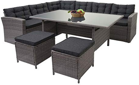 Mendler Poly-Rattan-Garnitur HWC-A29, Gartengarnitur Sitzgruppe Lounge-Esstisch-Set Sofa + 2X Hocker - grau, Kissen grau