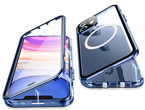 Jonwelsy Case for iPhone 11, 360 Degree Double-sided Protection Compatible with Magsafe Magnetic Adsorption Metal Bumper Front Tempered Glass Back Frosted PC Cover for iPhone 11 6.1 (Blue)