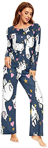 Mnsruu Alpaka Lama Star Heart Schlafanzug-Set für Damen, 2-teilig, langärmelig, Nachtwäsche, Lounge-Sets, mehrfarbig, 38