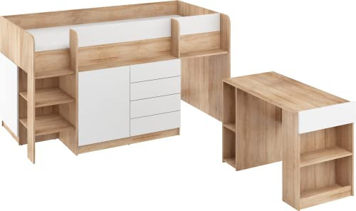 FurnitureByJDM Hochbett mit Schreibtisch, Schubladen & Bücherregal – Platzsparendes Kinderbett 90x200 cm Matratzengröße – Linksseitige Treppe – Smile (Eiche Sonoma/Weiß)