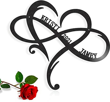 Simbolo del Infinito, Forma de Corazón, Infinity heart symbol, 2 personalizado nombres y año, Decoracion Hogar, Arte de Pared, Salon, Regalo de San Valentín, Regalo para ella, Madera, Metal, Acrílico
