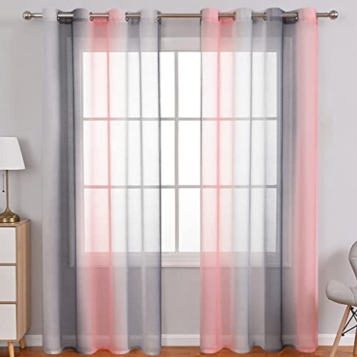 Lsimeru Vorhang Farbverlauf Rosa Grau Transparent Regenbogen Kindergardinen | Tüll Gardinen Durchsichtig Bunt Ösenschal Ösenvorhang Halbtransparent Wohnzimmer Schlafzimmer 2er Pack 140x220