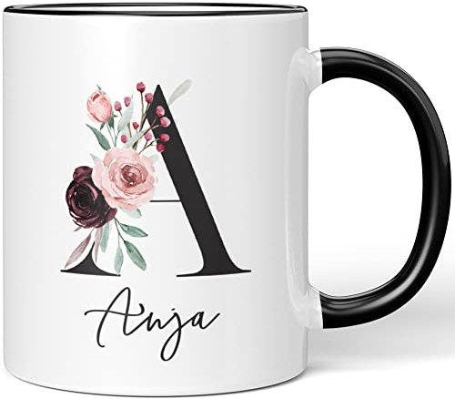 JUNIWORDS Tasse, Anja, Name Anfangsbuchstabe Initial Alphabet Floral Buchstabe A Monogramm Motiv, Schwarz (5555658)