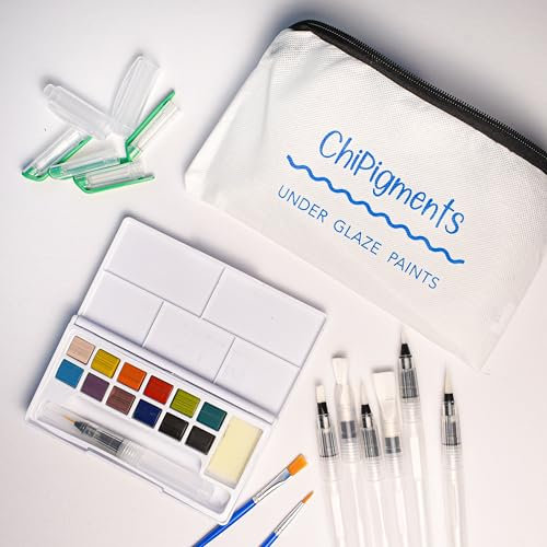 ChiPigments® Set of 12 Semi-Moist Underglaze Watercolor Paints for Pottery & Ceramic Art – Includes 7 Water Brushes, 2 Chisel Brushes, and Storage Case