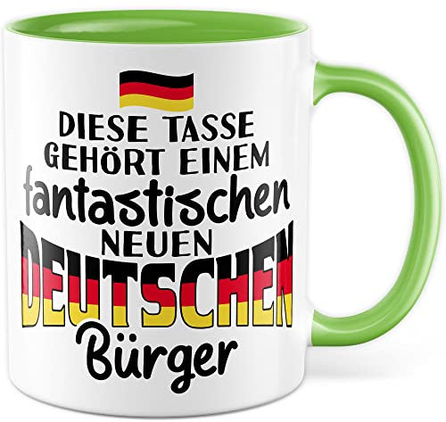 Einbürgerung Tasse Geschenk, Diese Tasse gehört einem fantastischen neuen Bürger Geschenkidee Kaffeetasse mit Spruch herzlich Kaffee-Becher Neu Deutschland Einwanderung Willkommensgeschenk (Weiß/Grün)