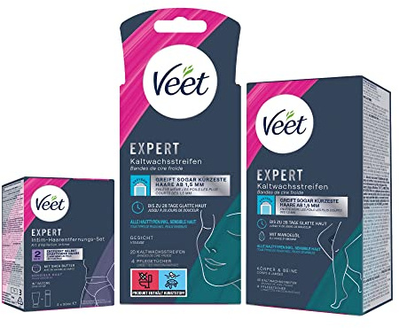 Veet Expert Kaltwachsstreifen Gesicht 10 Doppelstreifen - Körper & Beine 20 Doppelstreifen - Intim-Haarentfernungs-Set Enthaarungscreme für den Intimbereich inkl. Multi-Benefit-Schaum 2 x 50 ml