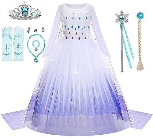 WIOLETA Lila Prinzessin Kleid Mädchen Prinzessin Kostüm Mädchen mit Krone, Zauberstab, Ring, Ohrringen, Halskette, Armband, falschen Zöpfen, Handschuhen für 3-8 Jahre