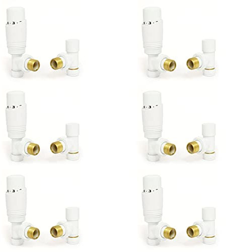 Hot Flow (6 Pack Bundle) White Cascade Angled Modern TRV Thermostatic Radiator Valve (Pair) Includes 6X Angled TRV Body's & 6X Lock Shields for Quick & Easy Temperature Control.